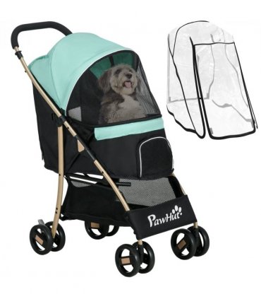 Pet Stroller for XS and S Dogs with Rain Cover - Green, 80L x 44.5W x 97Hcm