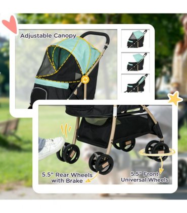 Pet Stroller for XS and S Dogs with Rain Cover - Green, 80L x 44.5W x 97Hcm