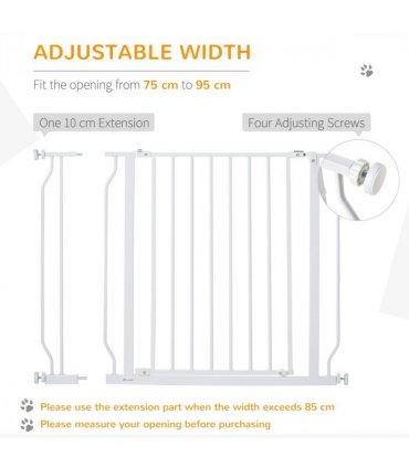 PawHut Dog Gate Wide Stair Gate with Door Pressure Fit, 75-95W cm, White