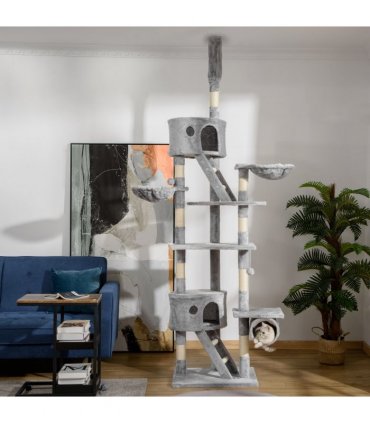 Cat Tree Light Grey 60L x45W x260Hcm Particle board, sisal, plush PawHut Floor