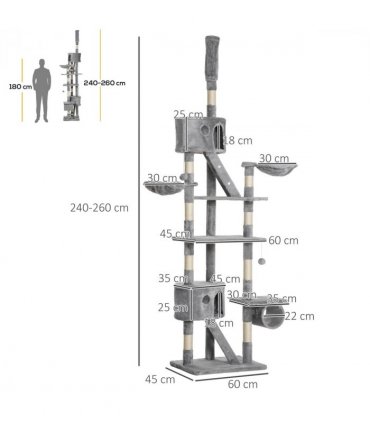Cat Tree Light Grey 60L x45W x260Hcm Particle board, sisal, plush PawHut Floor