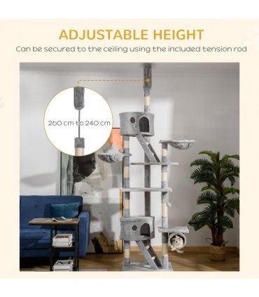 Cat Tree Light Grey 60L x45W x260Hcm Particle board, sisal, plush PawHut Floor