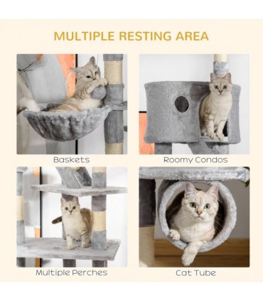 Cat Tree Light Grey 60L x45W x260Hcm Particle board, sisal, plush PawHut Floor