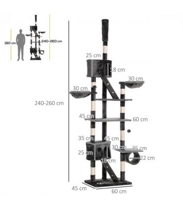 PawHut 240-260cm Floor to Ceiling Cat Tree with Scratching Posts - Dark Grey