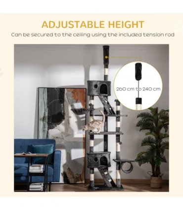 PawHut 240-260cm Floor to Ceiling Cat Tree with Scratching Posts - Dark Grey