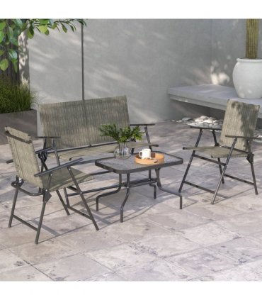 Garden Set with Table, Foldable Chairs, Loveseat - Steel, Tempered Glass, Brown