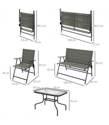 Garden Set with Table, Foldable Chairs, Loveseat - Steel, Tempered Glass, Brown