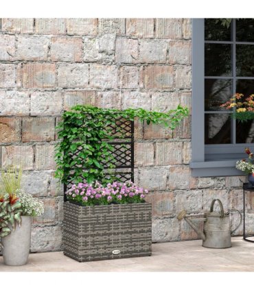 Outsunny Garden PE Rattan Planter Box with Trellis Flower Raised Bed 57x30x107cm