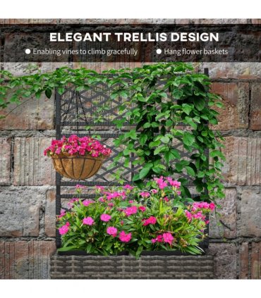 Outsunny Garden PE Rattan Planter Box with Trellis Flower Raised Bed 57x30x107cm