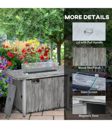 Outsunny Gas Fire Pit Table with 50,000 BTU Burner, Cover, Glass Screen, Grey