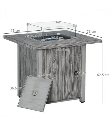 Fire Pit Table Metal Stainless Steel Glass Oxford Cloth Grey 71L x 71W x 62.5Hcm