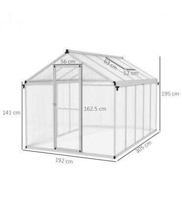 Greenhouse Aluminium Polycarbonate Sheets Clear 305cm x 192cm x 195cm Outsunny