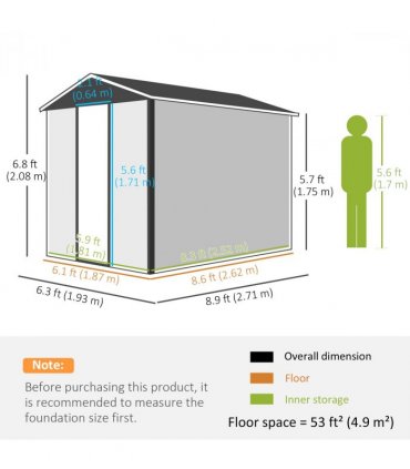 Metal Garden Shed Tool Storage Shed for Patio, Grey, 193W x 271D x 208H cm