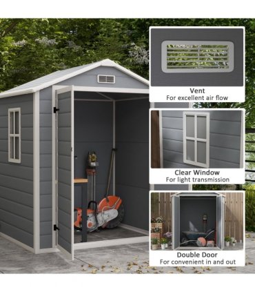 Outsunny Garden Shed 6'x4.5' Plastic Tool Storage House w/ Lockable Double Doors