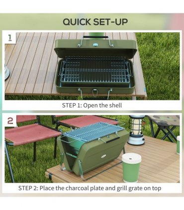 Portable BBQ Grill Green Metal Stainless Steel 47L x 30W x 28Hcm Suitcase Design