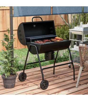 Outsunny Barrel Charcoal Barbecue BBQ Grill Trolley W/ Ash Catcher Thermometer