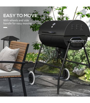 Outsunny Barrel Charcoal Barbecue BBQ Grill Trolley W/ Ash Catcher Thermometer