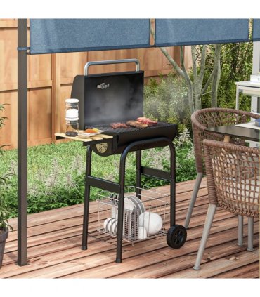 Outsunny Charcoal Barbecue BBQ Grill Trolley W/ Shelves, Lid and Thermometer