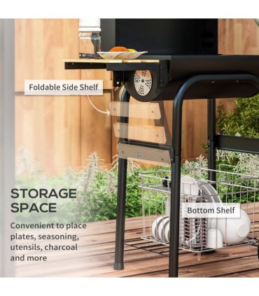 Outsunny Charcoal Barbecue BBQ Grill Trolley W/ Shelves, Lid and Thermometer