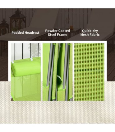 Green Steel Mesh Fabric Sun Loungers 90°-180°  Back 27.5H x 56W x 182Dcm