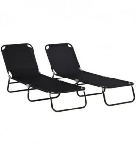 Garden Sun Loungers Set of 2, Black, Steel, Oxford Fabric, 188L x 56W x 28Hcm