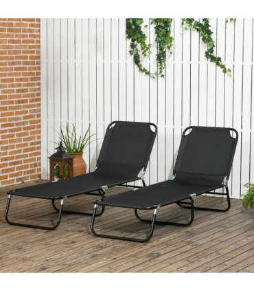 Garden Sun Loungers Set of 2, Black, Steel, Oxford Fabric, 188L x 56W x 28Hcm