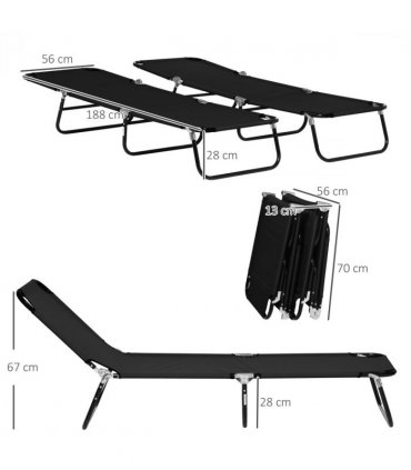 Garden Sun Loungers Set of 2, Black, Steel, Oxford Fabric, 188L x 56W x 28Hcm