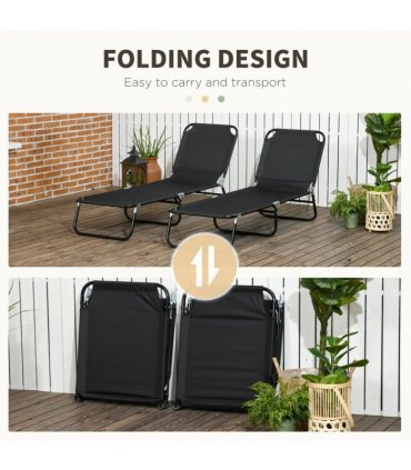 Garden Sun Loungers Set of 2, Black, Steel, Oxford Fabric, 188L x 56W x 28Hcm