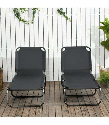 Garden Sun Loungers Set of 2, Black, Steel, Oxford Fabric, 188L x 56W x 28Hcm