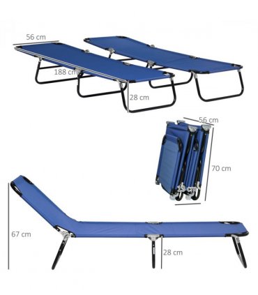 Garden Sun Loungers Set of 2, Blue, Steel, Oxford Fabric, 188L x 56W x 28Hcm