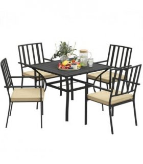 Outsunny Garden Dining Set w/ 4 Stackable Cushioned Chairs and Metal Top Table