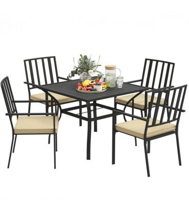 Outsunny Garden Dining Set w/ 4 Stackable Cushioned Chairs and Metal Top Table