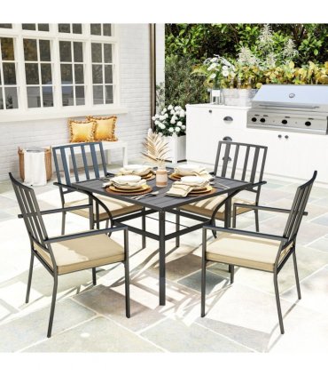 Outsunny Garden Dining Set w/ 4 Stackable Cushioned Chairs and Metal Top Table