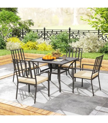 Outsunny Garden Dining Set w/ 4 Stackable Cushioned Chairs and Metal Top Table