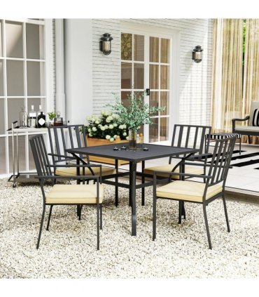 Outsunny Garden Dining Set w/ 4 Stackable Cushioned Chairs and Metal Top Table