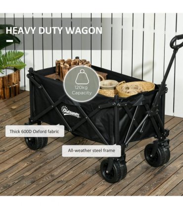 Outsunny Foldable Garden Cart, Outdoor Utility Wagon with Carry Bag, Black
