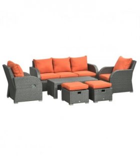 Garden Sofa Set 6pc Orange PE Rattan Steel Fabric Sponge 172x67x73cm Recliner