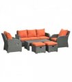 Garden Sofa Set 6pc Orange PE Rattan Steel Fabric Sponge 172x67x73cm Recliner