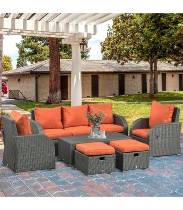 Garden Sofa Set 6pc Orange PE Rattan Steel Fabric Sponge 172x67x73cm Recliner