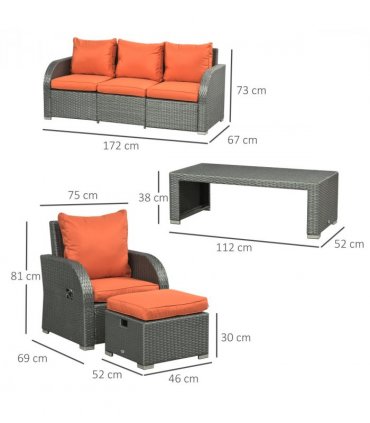 Garden Sofa Set 6pc Orange PE Rattan Steel Fabric Sponge 172x67x73cm Recliner