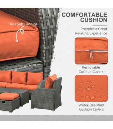 Garden Sofa Set 6pc Orange PE Rattan Steel Fabric Sponge 172x67x73cm Recliner