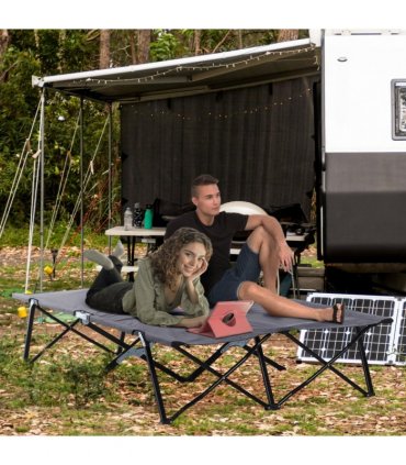 Outsunny Double Camping Folding Cot Outdoor Portable Sunbed w/ Carry Bag, Grey