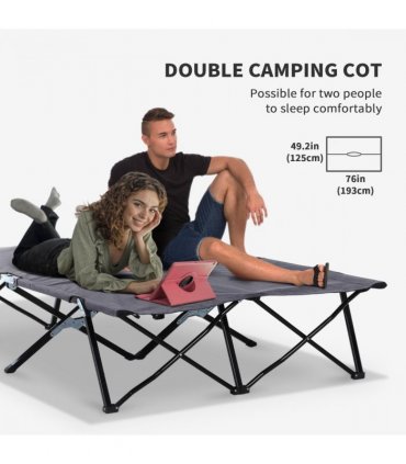 Outsunny Double Camping Folding Cot Outdoor Portable Sunbed w/ Carry Bag, Grey