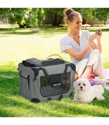 PawHut Folding Pet Carrier Bag House W/ Cushion Storage, Grey 60x41.5x41cm