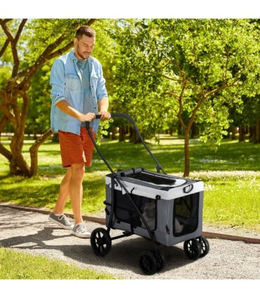 PawHut Foldable Pet Stroller w/ Detachable Carrier, Soft Padding - Grey