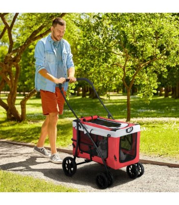 PawHut Foldable Pet Stroller w/ Detachable Carrier, Soft Padding - Red