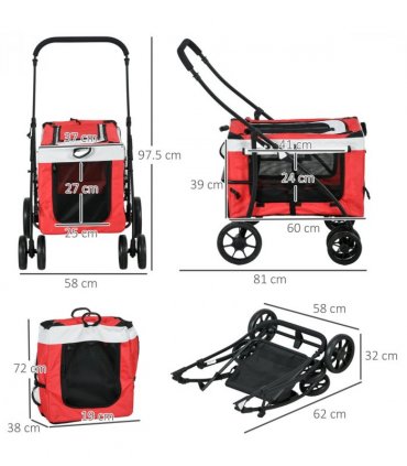 PawHut Foldable Pet Stroller w/ Detachable Carrier, Soft Padding - Red