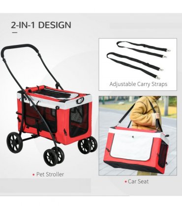 PawHut Foldable Pet Stroller w/ Detachable Carrier, Soft Padding - Red