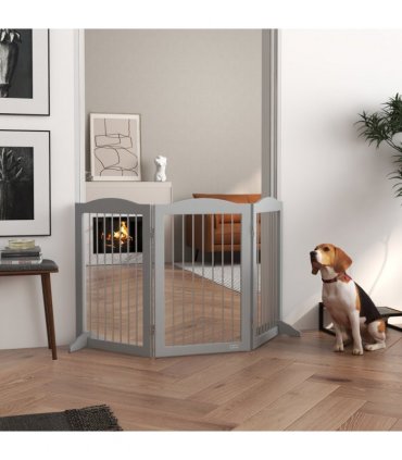 PawHut Foldable Dog Gate, Freestanding Pet Gate with Two Support Feet - Grey