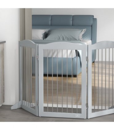 PawHut Foldable Dog Gate, Freestanding Pet Gate with Two Support Feet - Grey